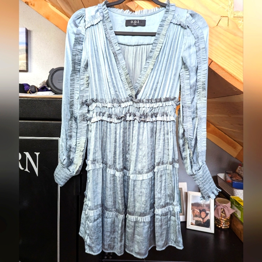 XS dusty blue silky ruffle dress